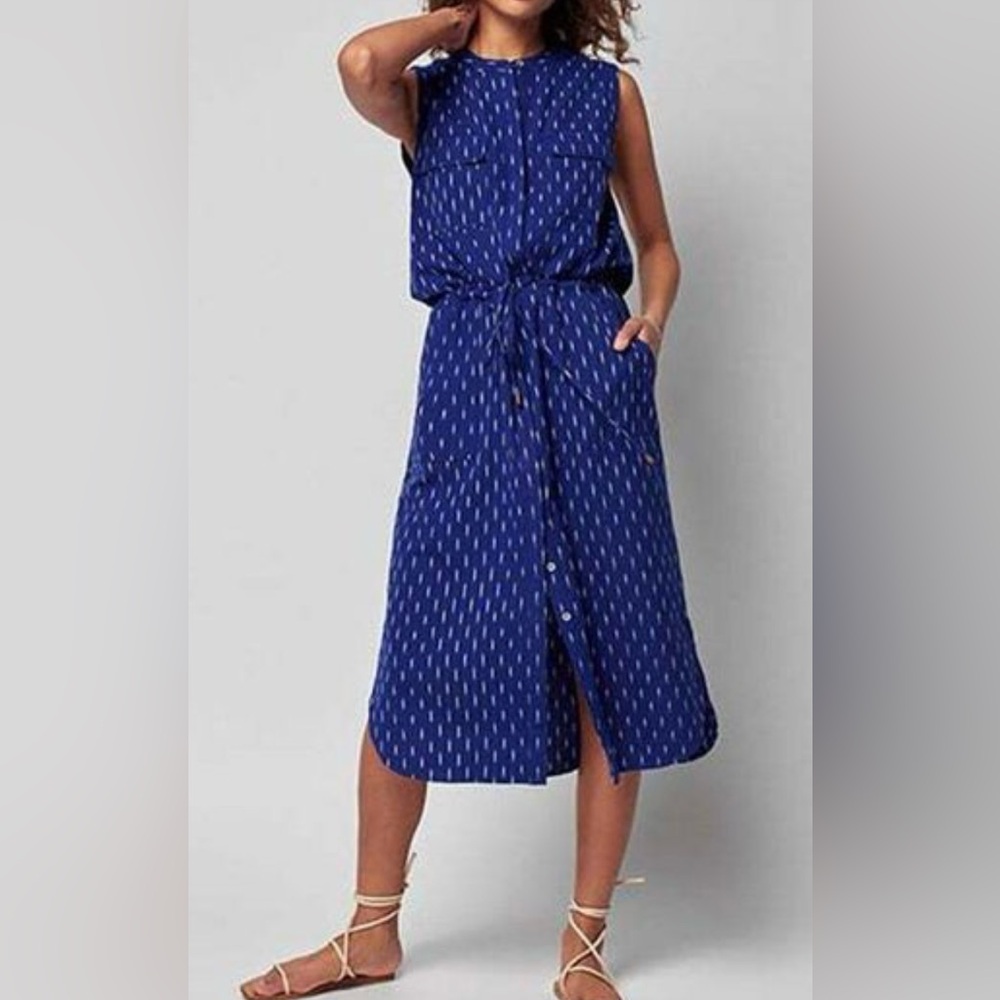 Faherty Blue and White Sleeveless Saylor Ikat Midi Shirt Dress. Size XS.